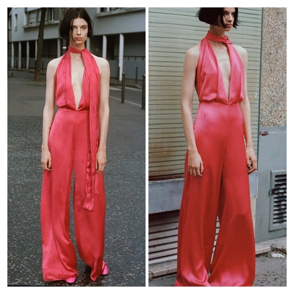 Zara Pants - Zara Satin Effect Pink Halter Neck Wide Leg Jumpsuit Size S